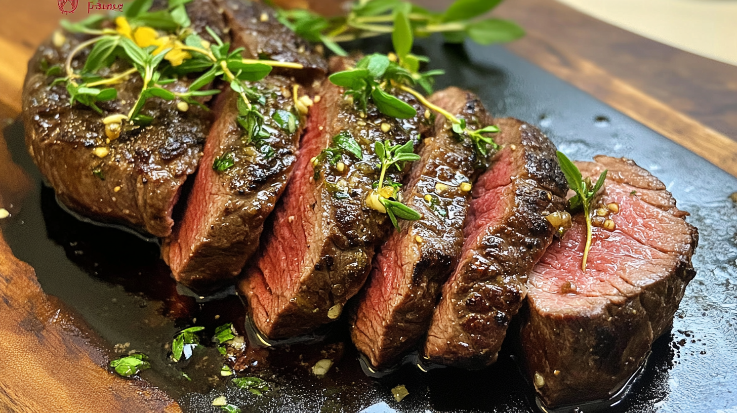 Sliced medium-rare teres major steak garnished with fresh herbs on a wooden board.