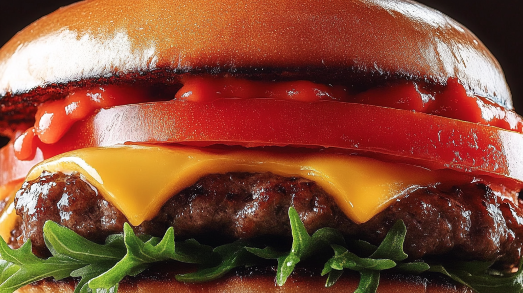 Close-up of a juicy cheeseburger with thick beef tomato slices, melted cheese, fresh lettuce, and a toasted bun.