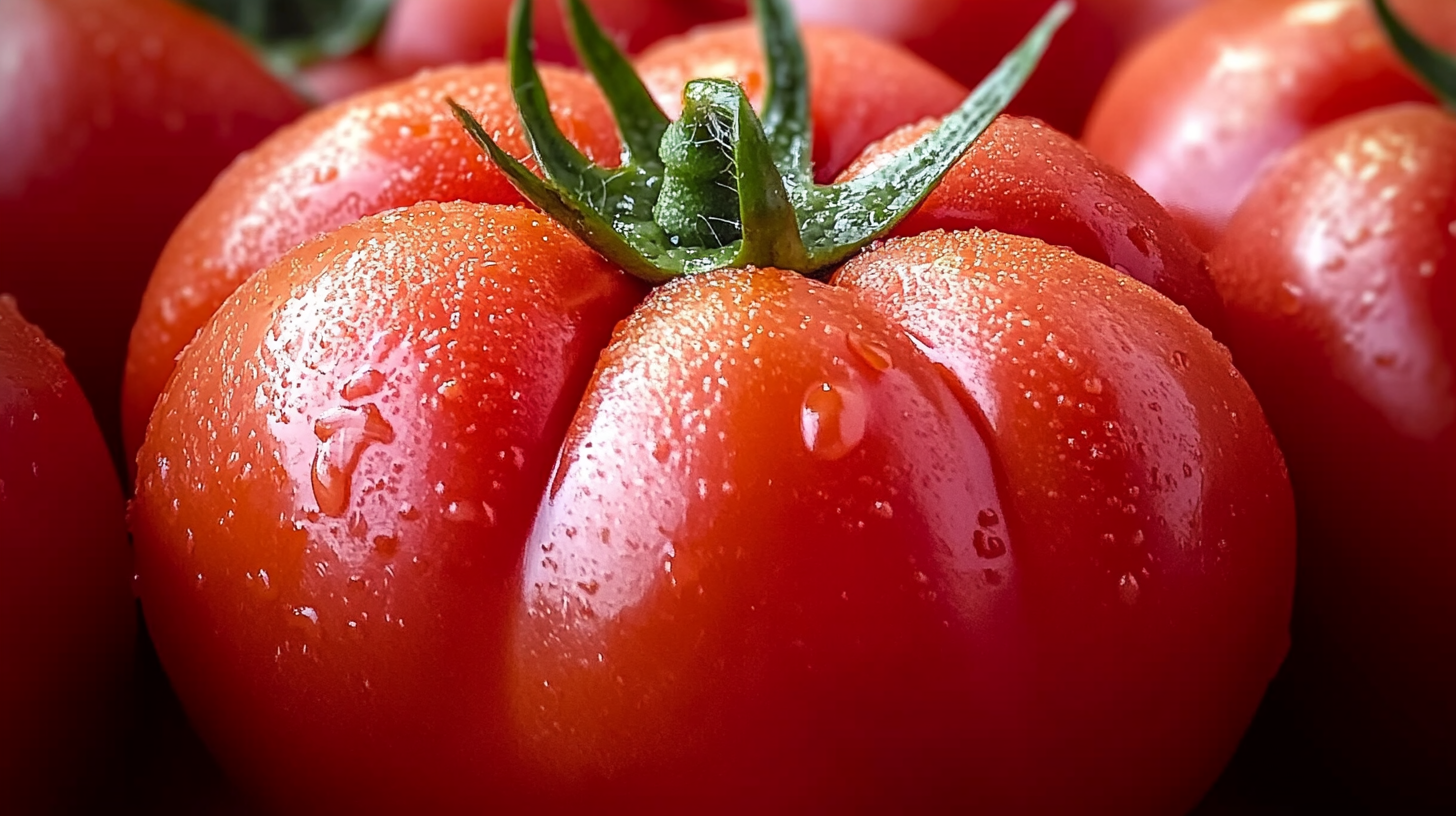 Close-up of a fresh, red beef tomato with water droplets on its surface and green stem, highlighting its juicy texture.