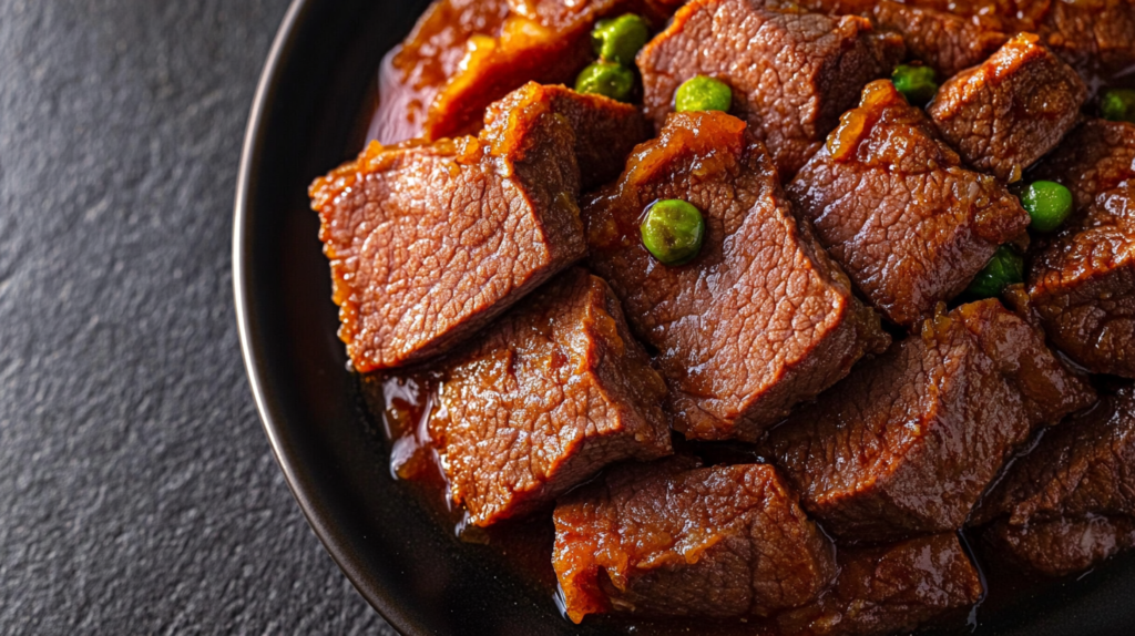 Close-up of tender cooked meat chunks in a rich sauce, garnished with green peas, served on a black plate.