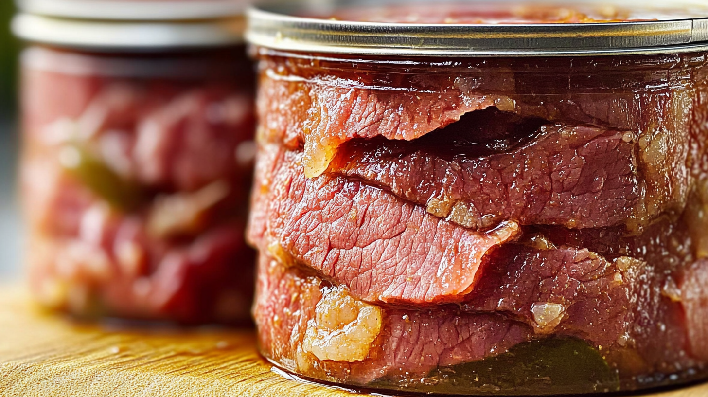 Close-up of raw meat tightly packed in a glass jar, sealed with a metal lid, showcasing its texture and layers.