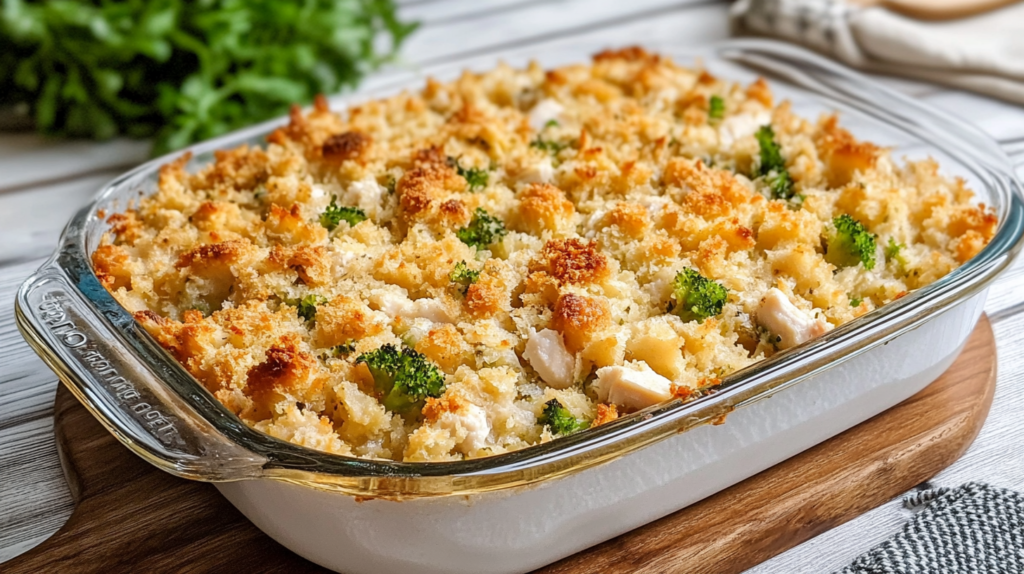 A baked chicken and cornbread dressing casserole in a glass dish, garnished with broccoli florets and golden-brown breadcrumbs, served on a wooden board.