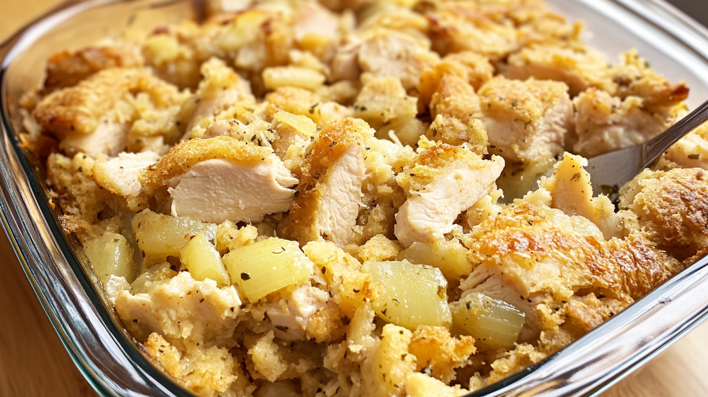 A close-up view of freshly baked chicken and cornbread dressing in a glass baking dish, featuring tender chicken pieces, golden-brown cornbread, and sautéed onions.