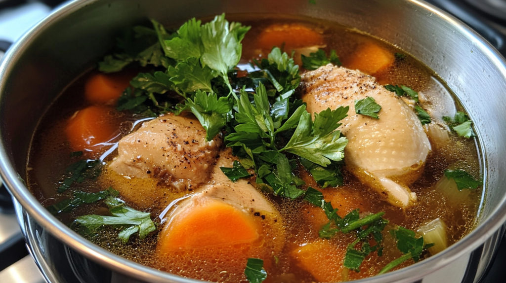 A pot of chicken bone broth simmering with chicken pieces, carrots, celery, and fresh parsley, showcasing rich colors and fresh ingredients.