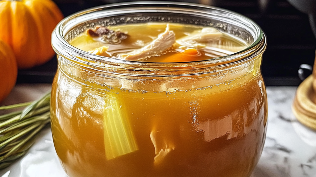 A jar filled with golden chicken bone broth, featuring chunks of chicken, carrots, and celery, placed on a kitchen counter with decorative pumpkins in the background.