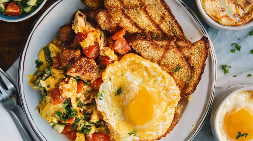 A hearty breakfast plate featuring chicken and vegetable scramble, fried eggs, and toasted bread slices, garnished with fresh herbs.