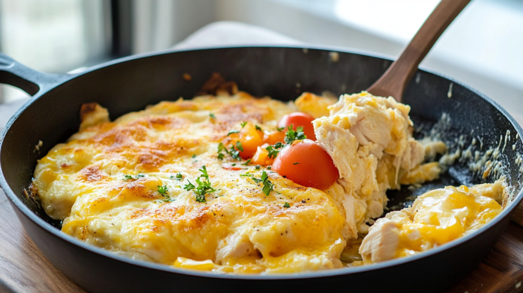 A skillet filled with a cheesy chicken omelet, topped with fresh cherry tomatoes and garnished with parsley, ready to be served.