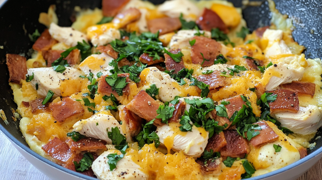 A skillet of scrambled eggs mixed with chicken, crispy bacon, melted cheese, and garnished with fresh parsley for a flavorful breakfast dish.