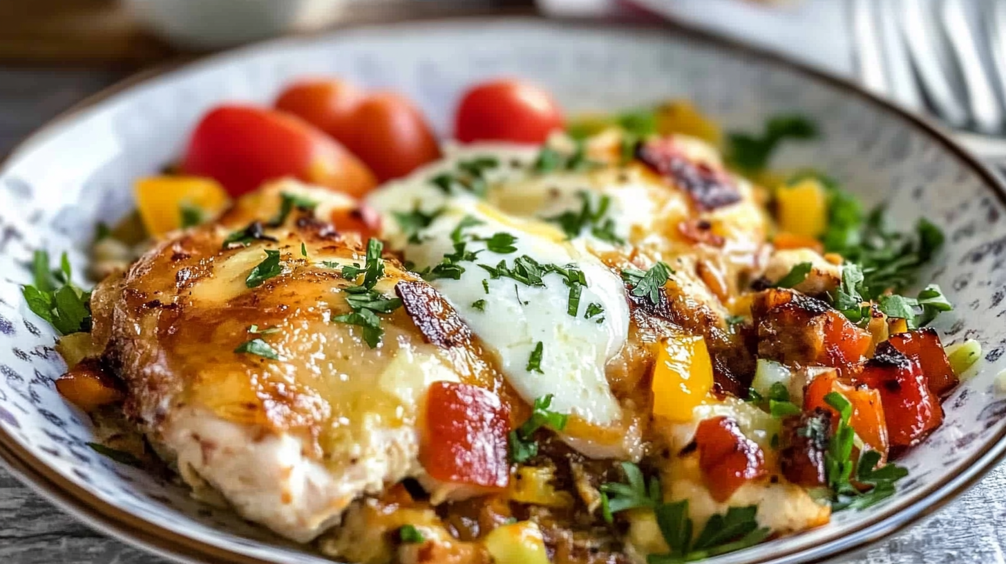 A delicious plate of chicken and sweet potato hash topped with fried eggs and garnished with fresh herbs.