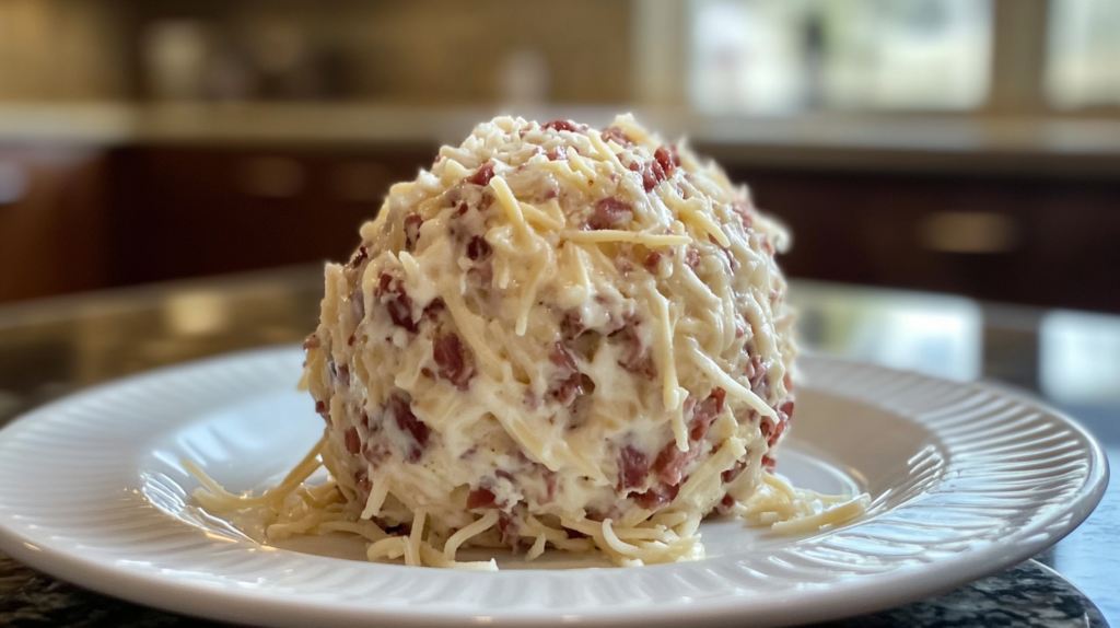 A creamy beef knuckle cheese ball coated with shredded cheese, served on a white plate, perfect as a rich and flavorful appetizer.