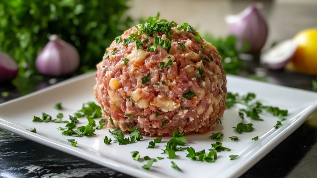 A freshly prepared beef knuckle mixture shaped into a ball, garnished with chopped parsley, displayed on a white plate with fresh ingredients in the background.