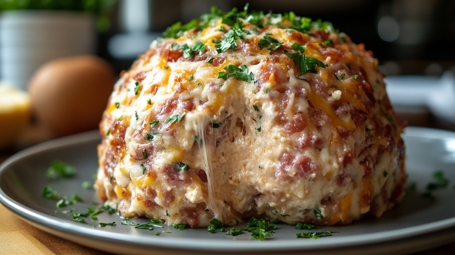 A cheesy and savory beef knuckle meatloaf topped with melted cheese and fresh parsley, served on a gray plate for a hearty and delicious meal.