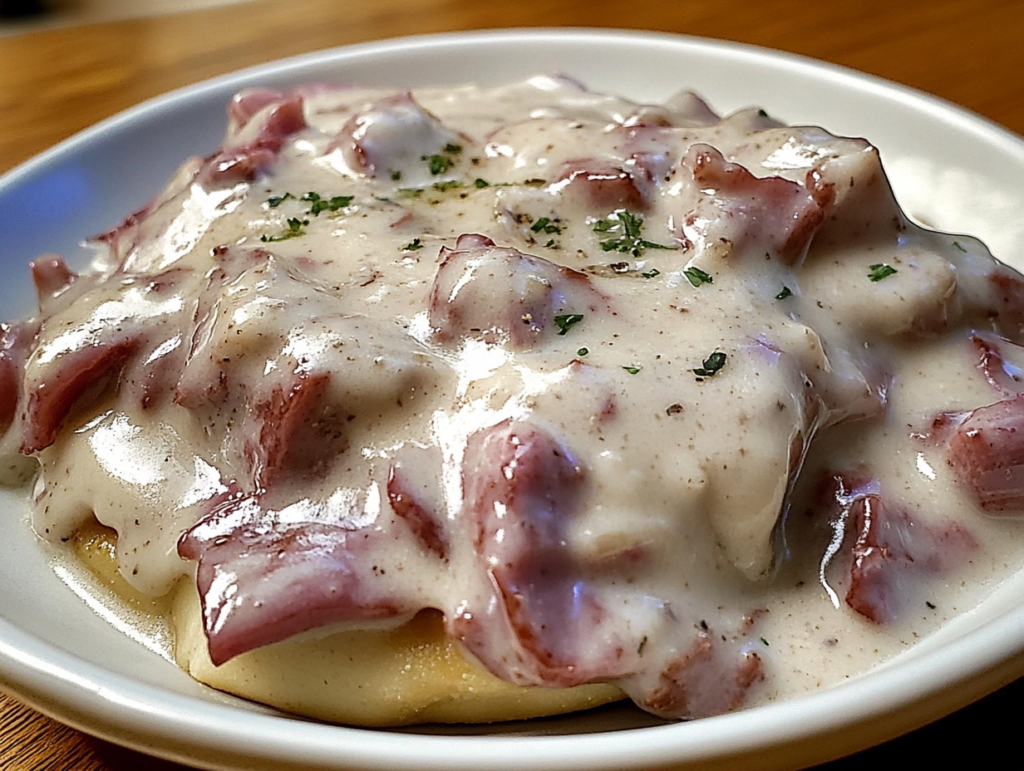 A close-up of chipped beef gravy served over a biscuit, garnished with parsley, on a white plate.