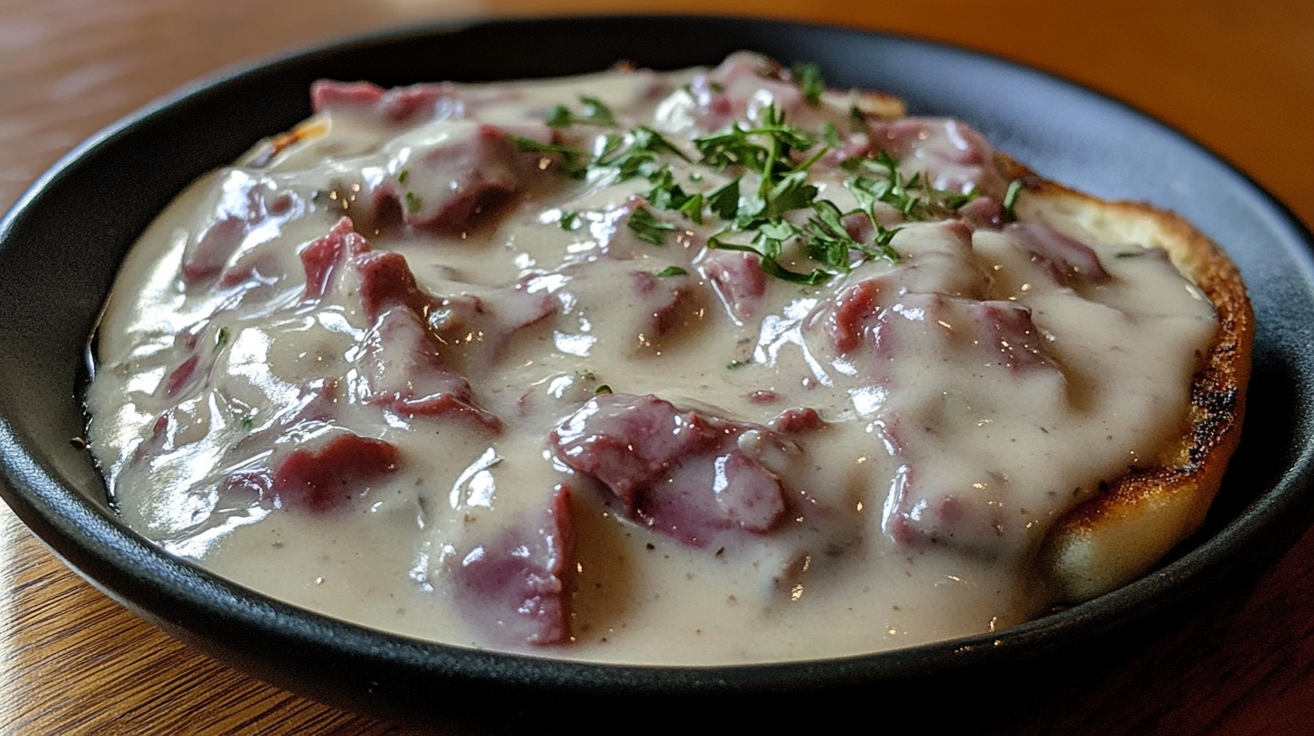 A close-up of chipped beef gravy served on a slice of toasted bread, garnished with fresh parsley in a black bowl.