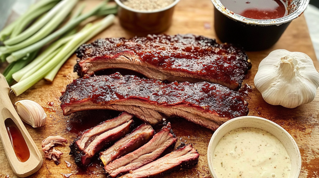 Barbecued country style beef ribs on a wooden cutting board, surrounded by garlic, green onions, BBQ sauce, and a bowl of creamy dipping sauce.