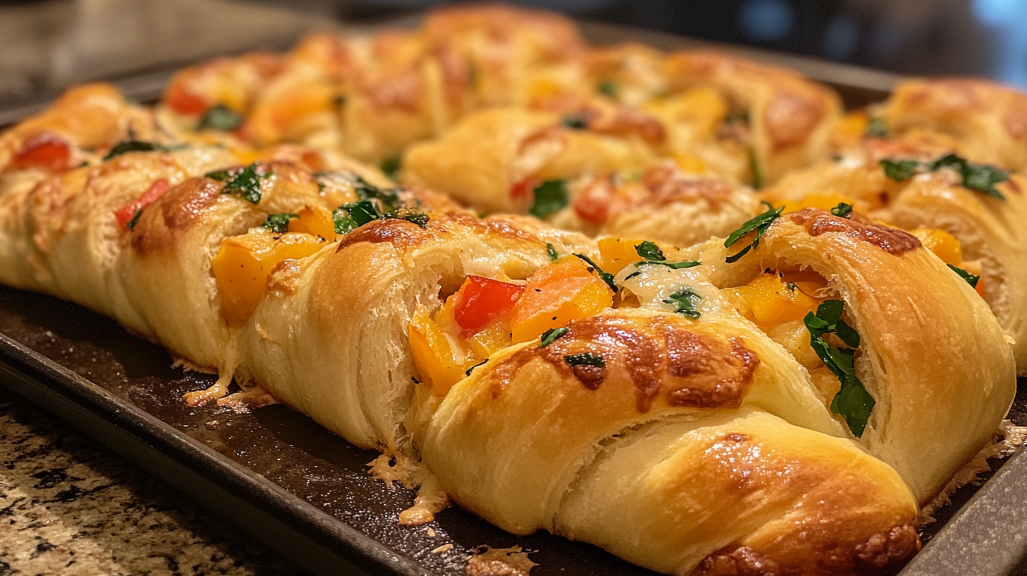 Freshly baked crescent rolls filled with colorful vegetables and melted cheese, garnished with parsley, served on a baking tray.