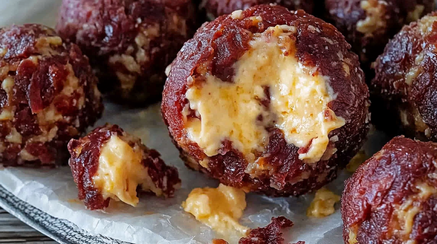 Close-up of bite-sized dried beef cheese balls with a creamy, cheesy center, highlighting their rich, textured surface and delicious filling.