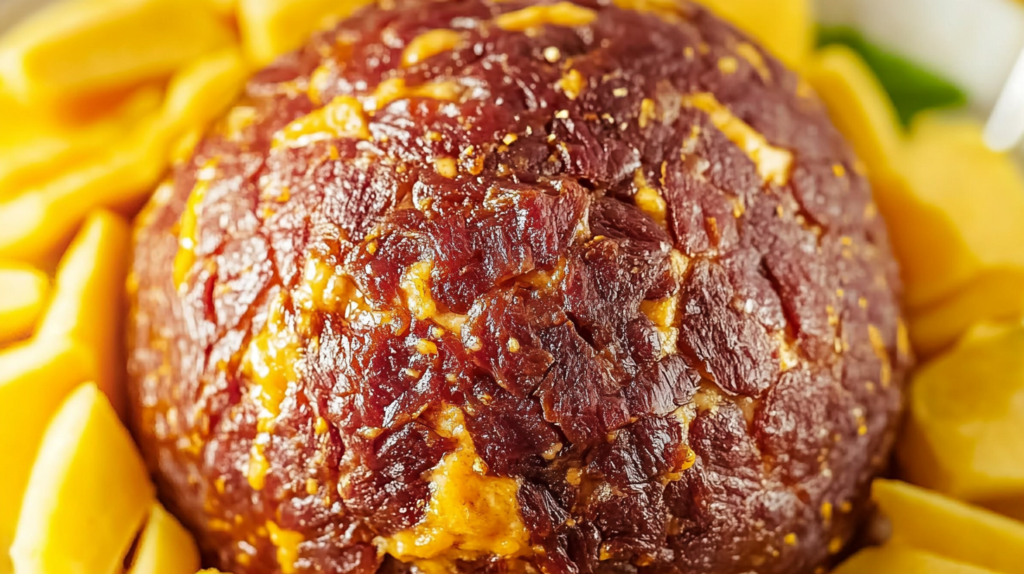 Close-up of a dried beef cheese ball surrounded by sliced cheese, showcasing its rich, textured surface and savory appearance.