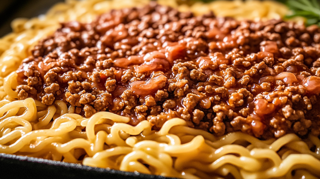 Close-up of ground beef and noodles topped with a rich tomato-based sauce, creating a hearty and flavorful meal.