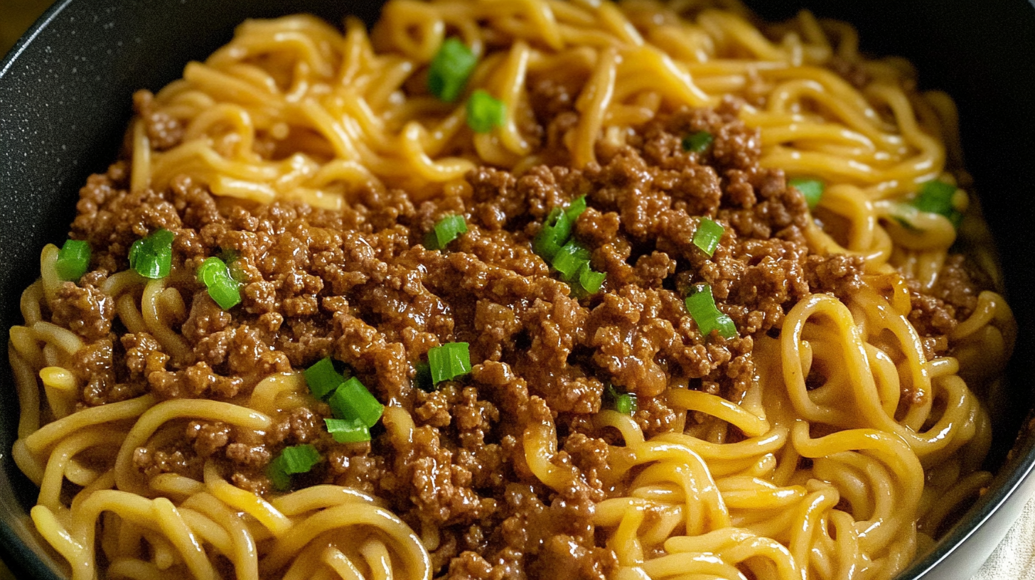 Delicious ground beef and noodles dish topped with green onions, served in a savory sauce for a comforting and flavorful meal.