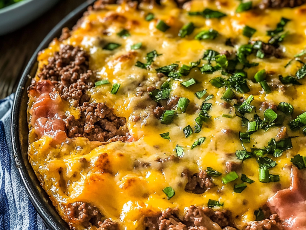 Cheesy ground beef breakfast casserole topped with melted cheese and garnished with fresh green onions.