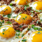 Skillet-cooked sunny-side-up eggs with seasoned ground beef, garnished with fresh parsley and black pepper.