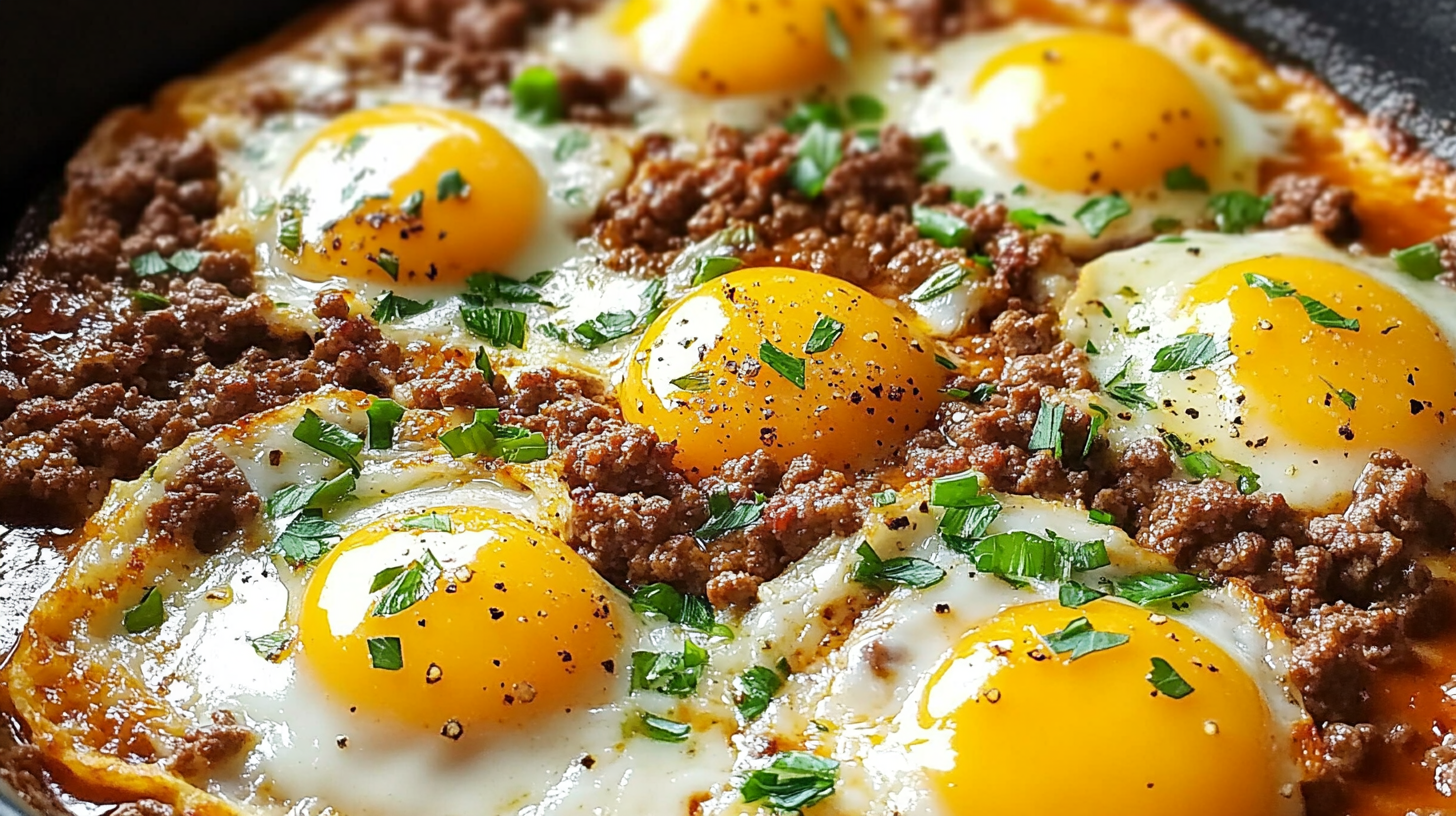 Skillet-cooked sunny-side-up eggs with seasoned ground beef, garnished with fresh parsley and black pepper.