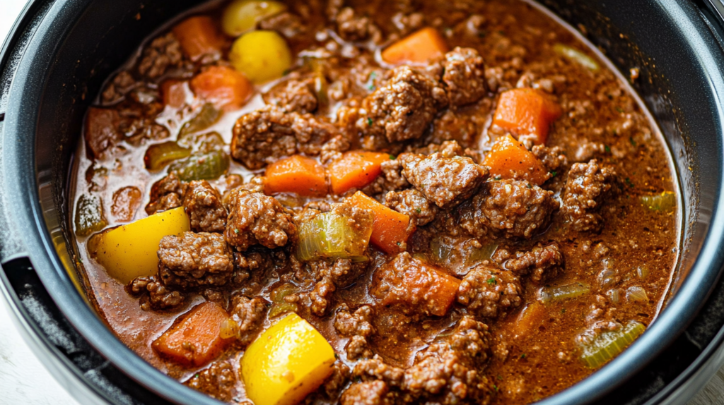 Ground beef stew with tender carrots, celery, and bell peppers in a rich, savory broth cooked in a pot.