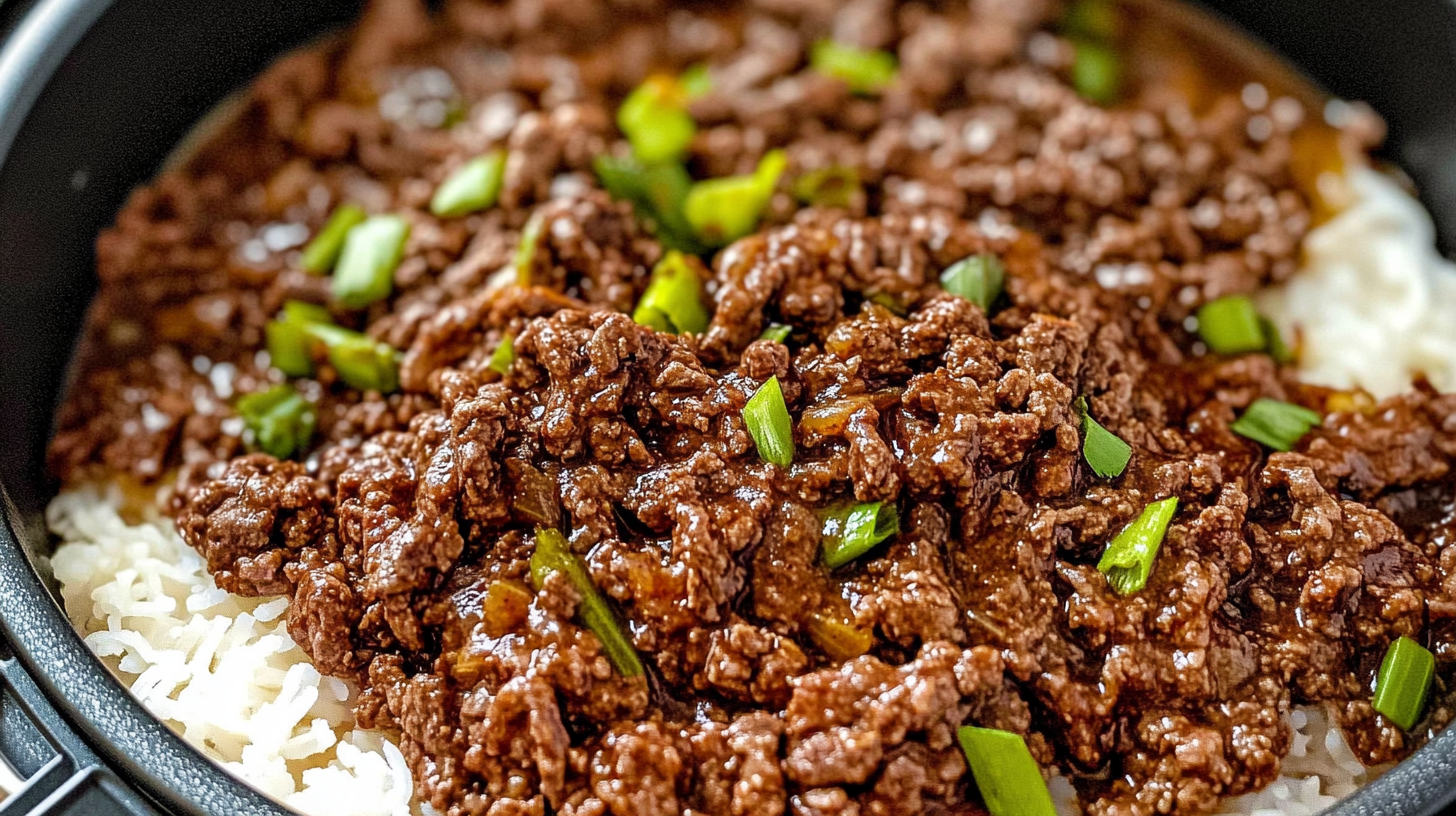 Ground beef cooked in a savory sauce, served over white rice, and garnished with fresh green onions.