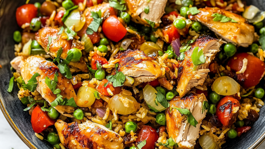 A colorful dish of fried rice mixed with grilled rotisserie chicken, peas, cherry tomatoes, onions, and fresh herbs.