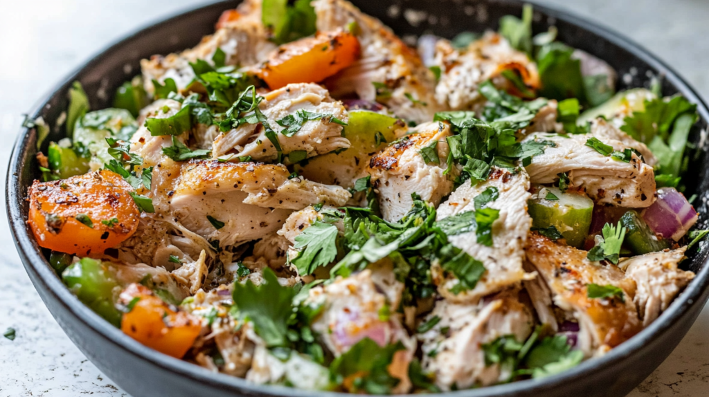  A fresh salad bowl featuring shredded rotisserie chicken, sliced cucumbers, cherry tomatoes, red onions, and garnished with chopped parsley.