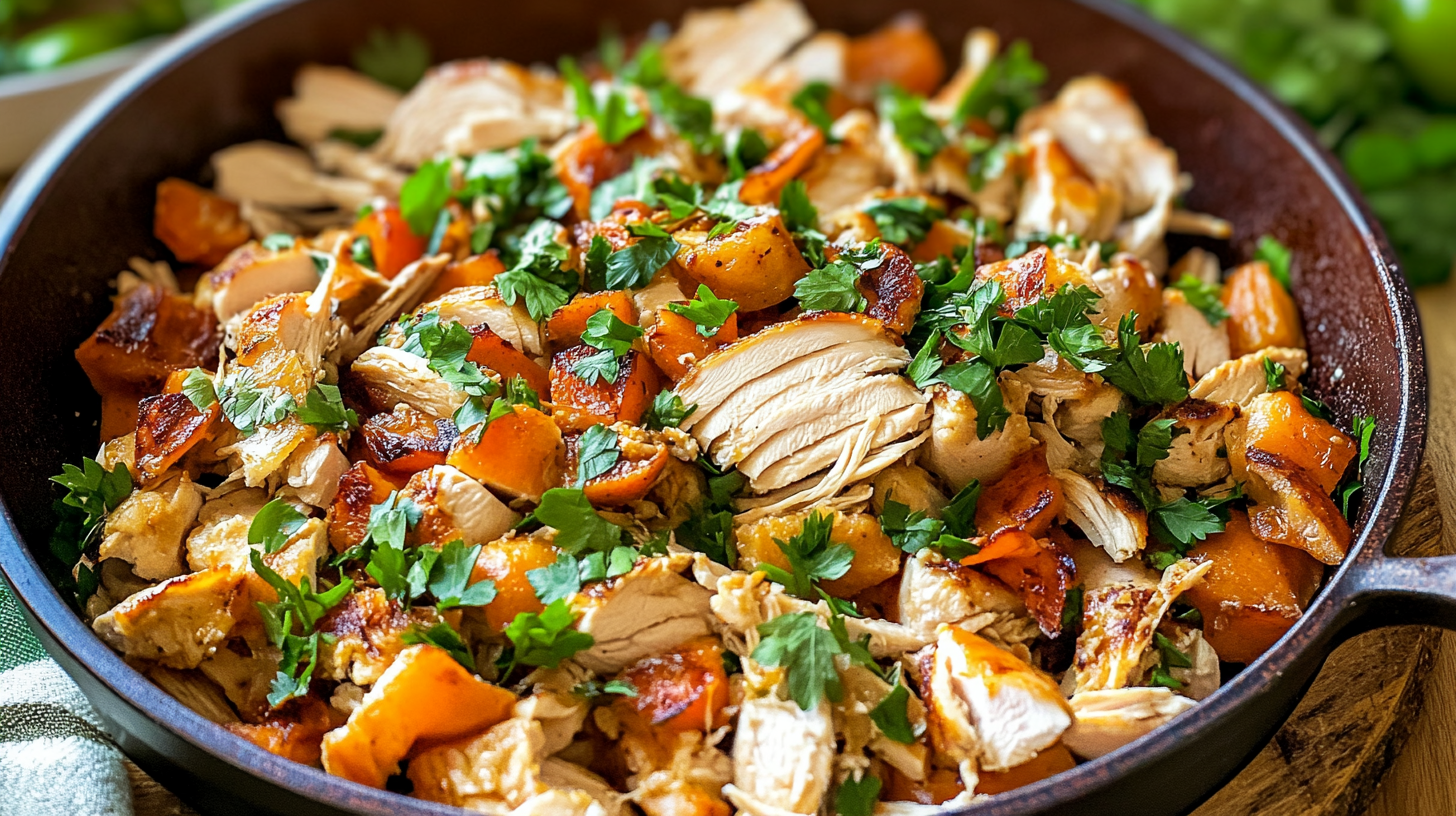 A skillet filled with roasted rotisserie chicken pieces, caramelized sweet potatoes, and fresh parsley garnish, ready to serve.