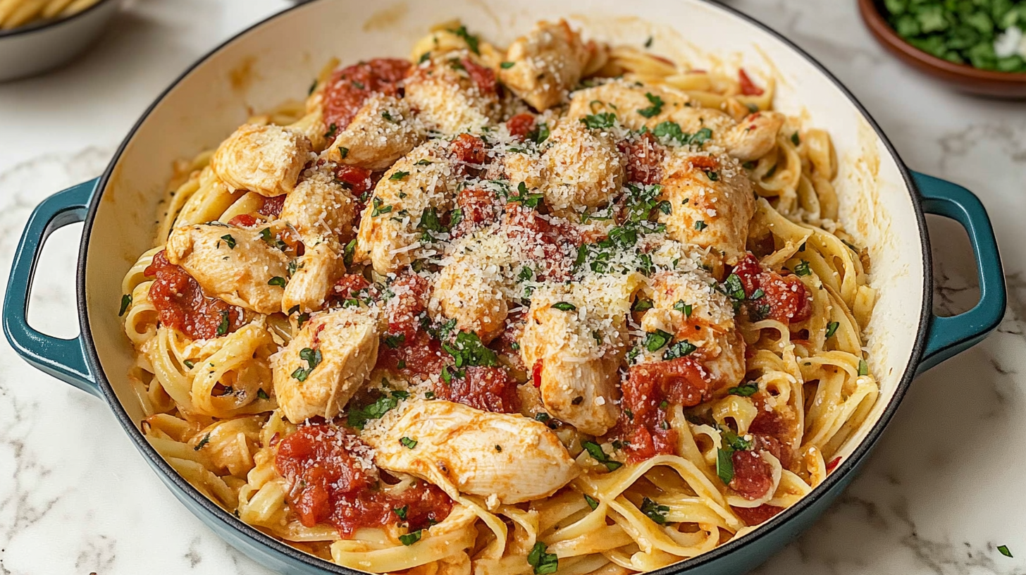 A skillet filled with creamy Marry Me Chicken Pasta featuring tender chicken pieces, fettuccine pasta, rich tomato sauce, and fresh parsley garnish.