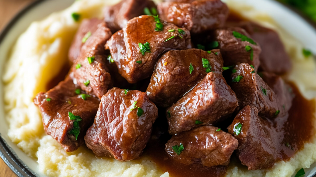 Close-up of no peek beef tips served on creamy mashed potatoes, topped with fresh parsley and smothered in a rich, savory gravy.