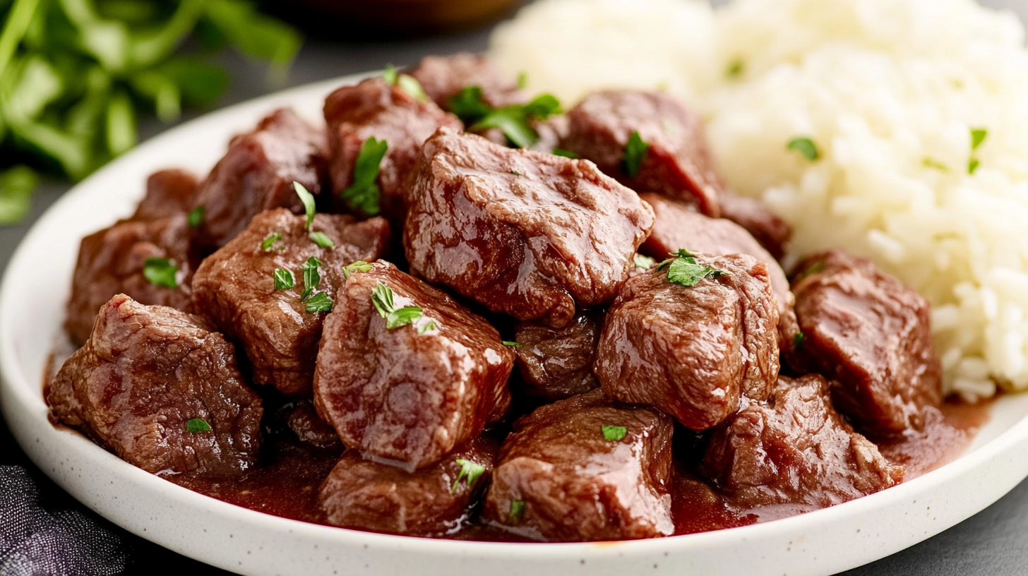 Plate of tender no peek beef tips garnished with fresh herbs, served with fluffy white rice, showcasing a rich and savory gravy.