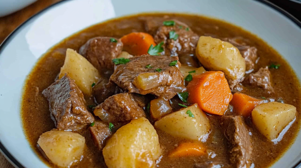 A bowl of old fashioned beef stew with tender beef chunks, carrots, potatoes, and a thick, savory brown broth garnished with fresh parsley.