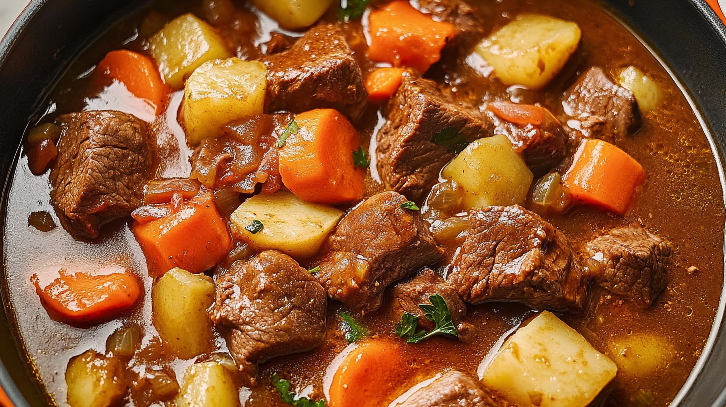 Old fashioned beef stew with tender beef chunks, carrots, potatoes, and a rich, savory broth garnished with fresh herbs in a black pot.