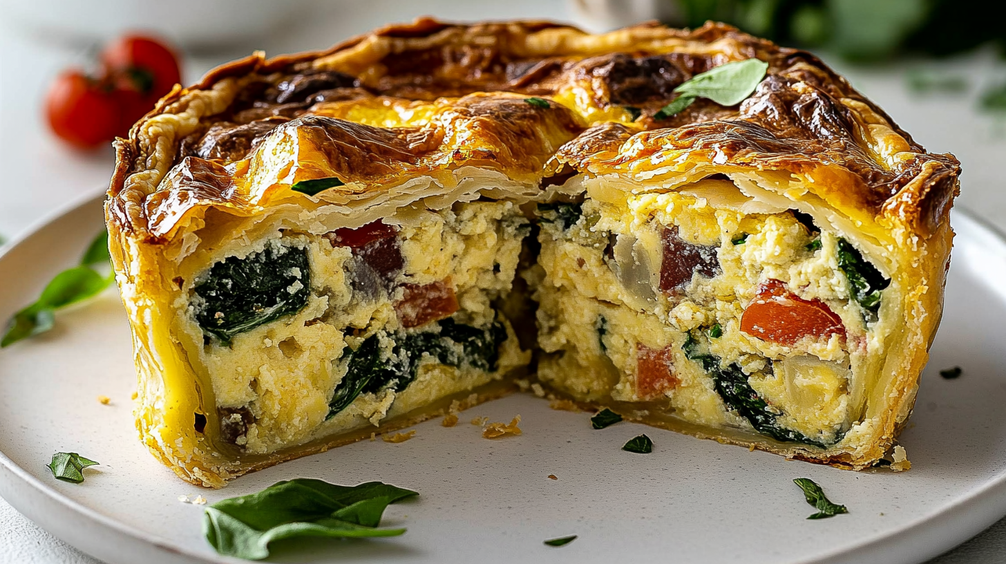 A savory puff pastry breakfast pie filled with eggs, spinach, tomatoes, and cheese, cut open to reveal its layers and vibrant ingredients.