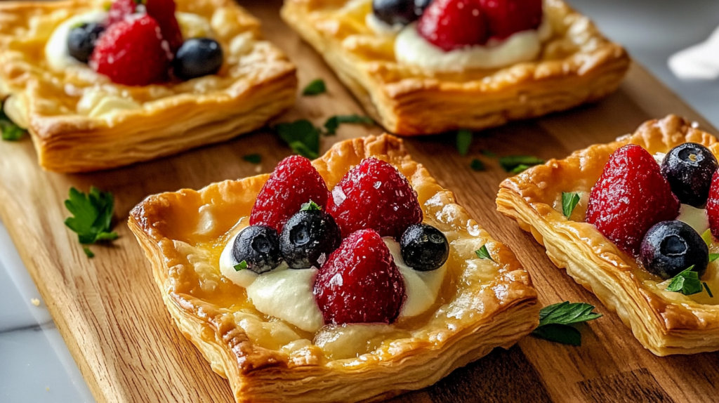 Puff pastry tarts topped with fresh raspberries, blueberries, and creamy custard, beautifully arranged on a wooden board for a sweet breakfast treat.