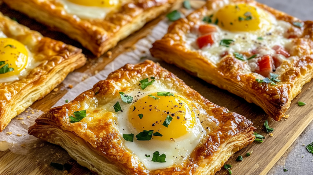 Golden puff pastry squares topped with baked eggs, fresh parsley, and diced tomatoes, served on a wooden board for a savory breakfast.