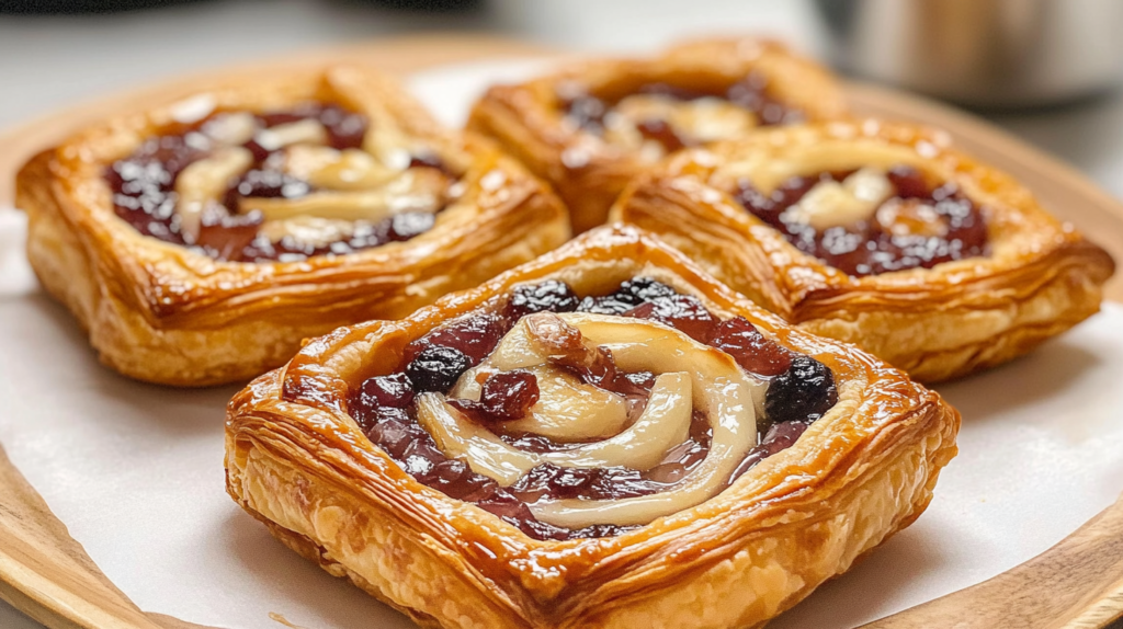 Freshly baked puff pastry danishes topped with a swirl of berry jam and cream cheese, displayed on a wooden tray lined with parchment paper.