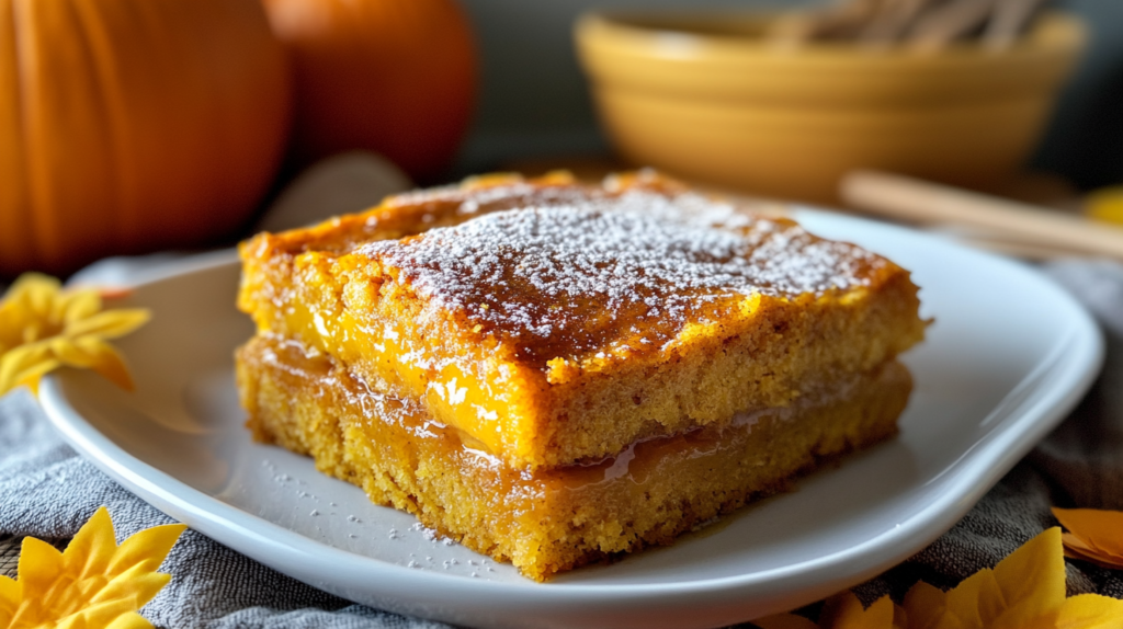 A slice of moist pumpkin cake layered with caramel and dusted with powdered sugar, served on a white plate with fall-themed decorations and pumpkins in the background.