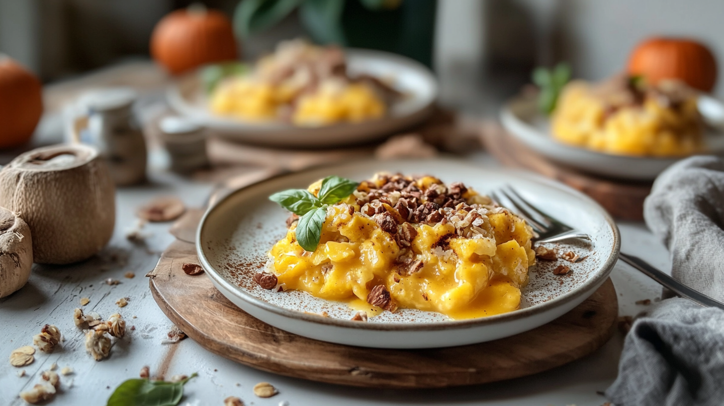 A plate of creamy pumpkin risotto garnished with chopped nuts, a basil leaf, and a sprinkle of cinnamon, set on a rustic wooden plate with blurred autumn-inspired decorations in the background.