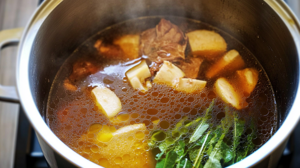 A pot of simmering beef broth with chunks of beef, vegetables, and fresh herbs, releasing steam and rich flavors.