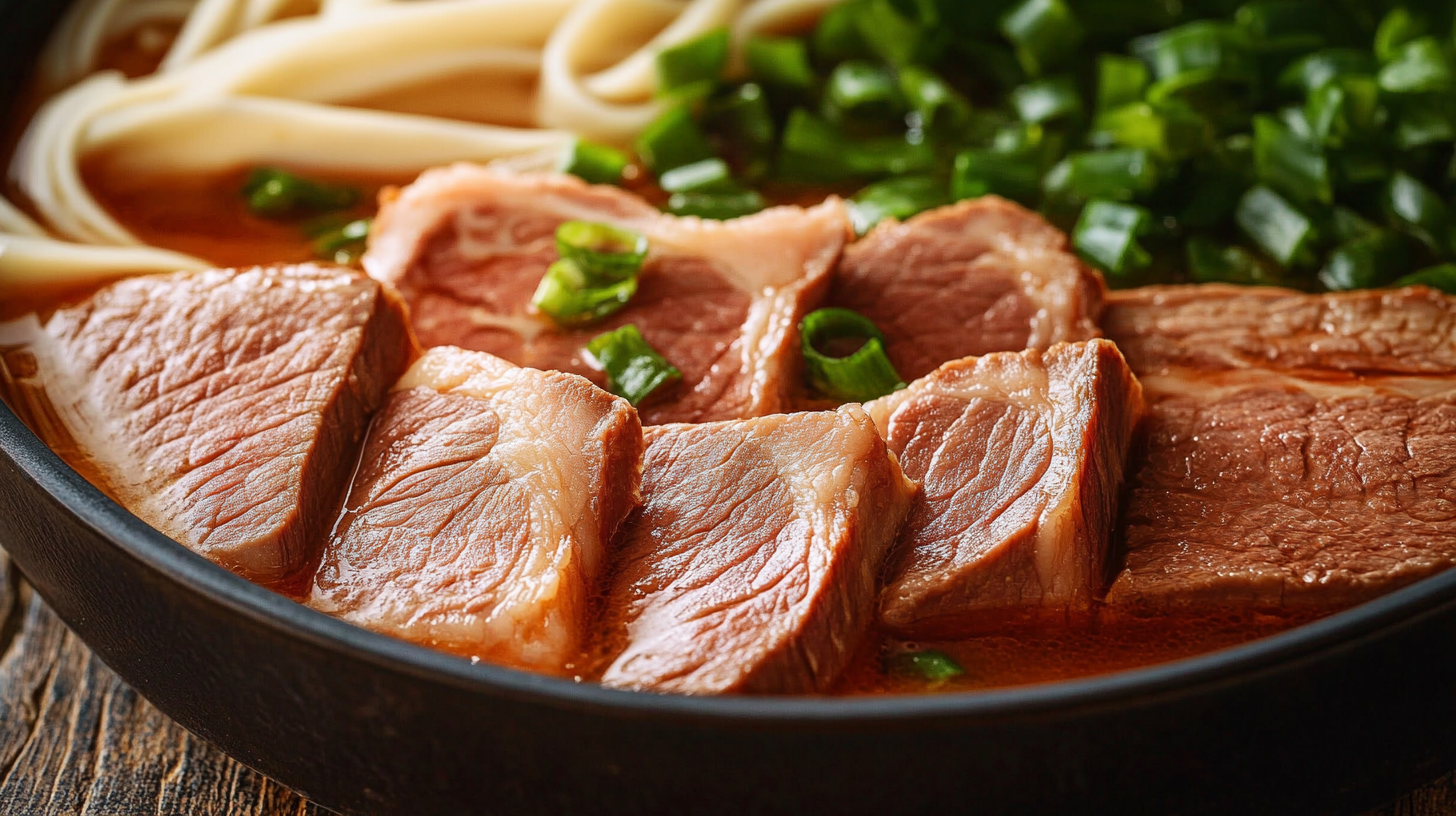 A close-up of a bowl of beef noodle soup featuring tender slices of beef, fresh green onions, and thick noodles in a rich broth.