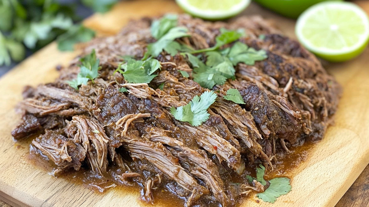 Juicy shredded beef garnished with fresh cilantro, served on a wooden cutting board with lime halves in the background.