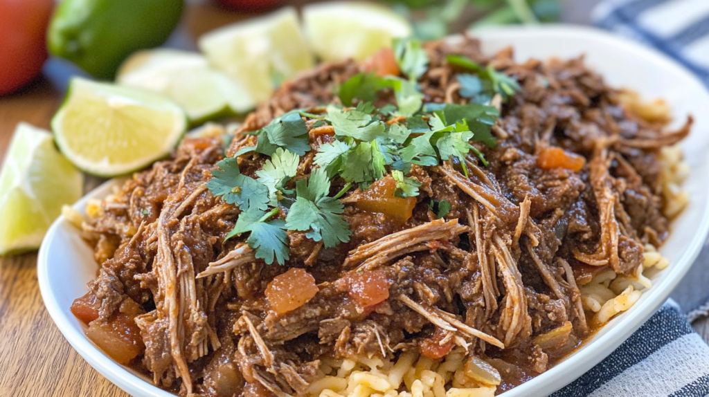 A plate of shredded beef garnished with fresh cilantro, served over pasta with lime wedges in the background.