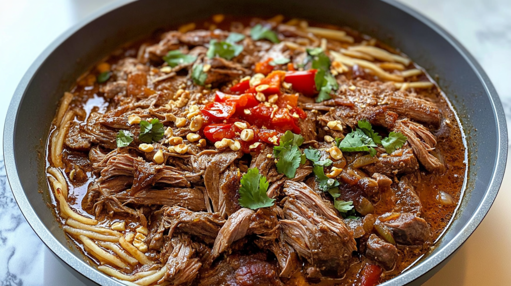 A pan of shredded beef in a rich sauce, topped with fresh cilantro, diced tomatoes, and crushed peanuts, served with pasta.