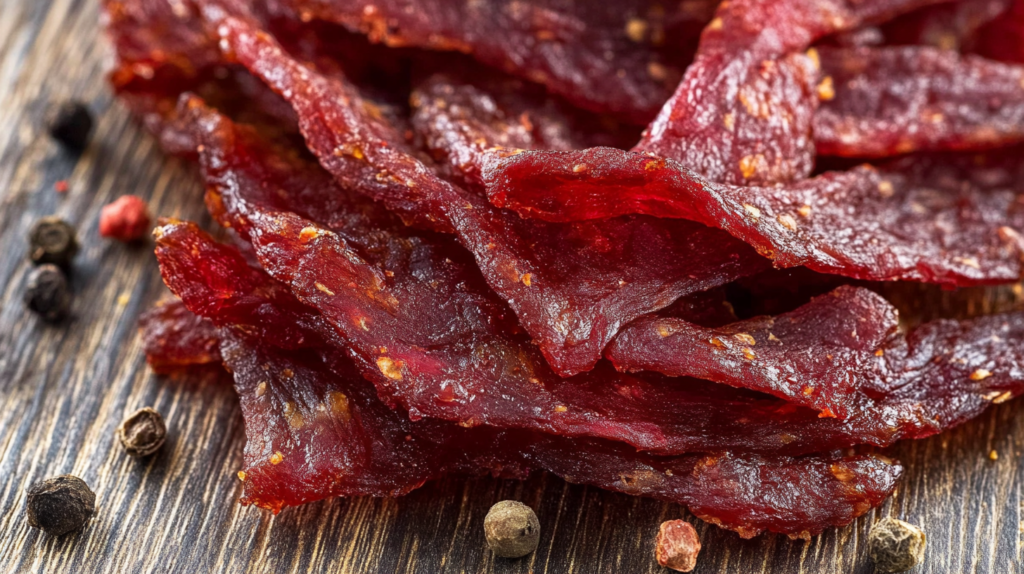 Close-up of spicy smoked beef jerky slices with visible seasoning, laid on a wooden surface, surrounded by peppercorns for added texture and detail.