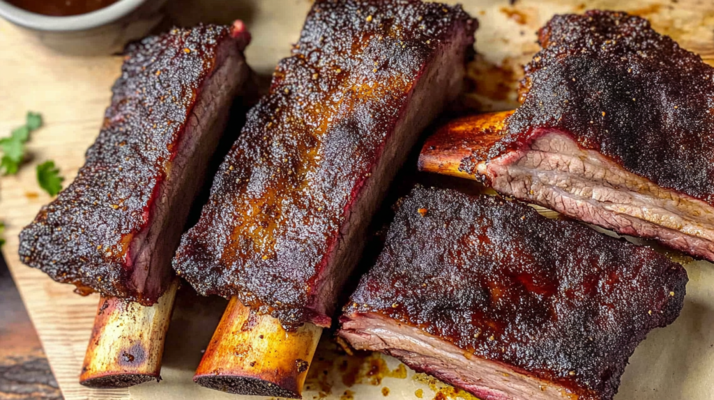 Juicy smoked beef short ribs with a dark, crispy bark and exposed bones, served on a wooden surface with a rich glaze and herbs in the background.